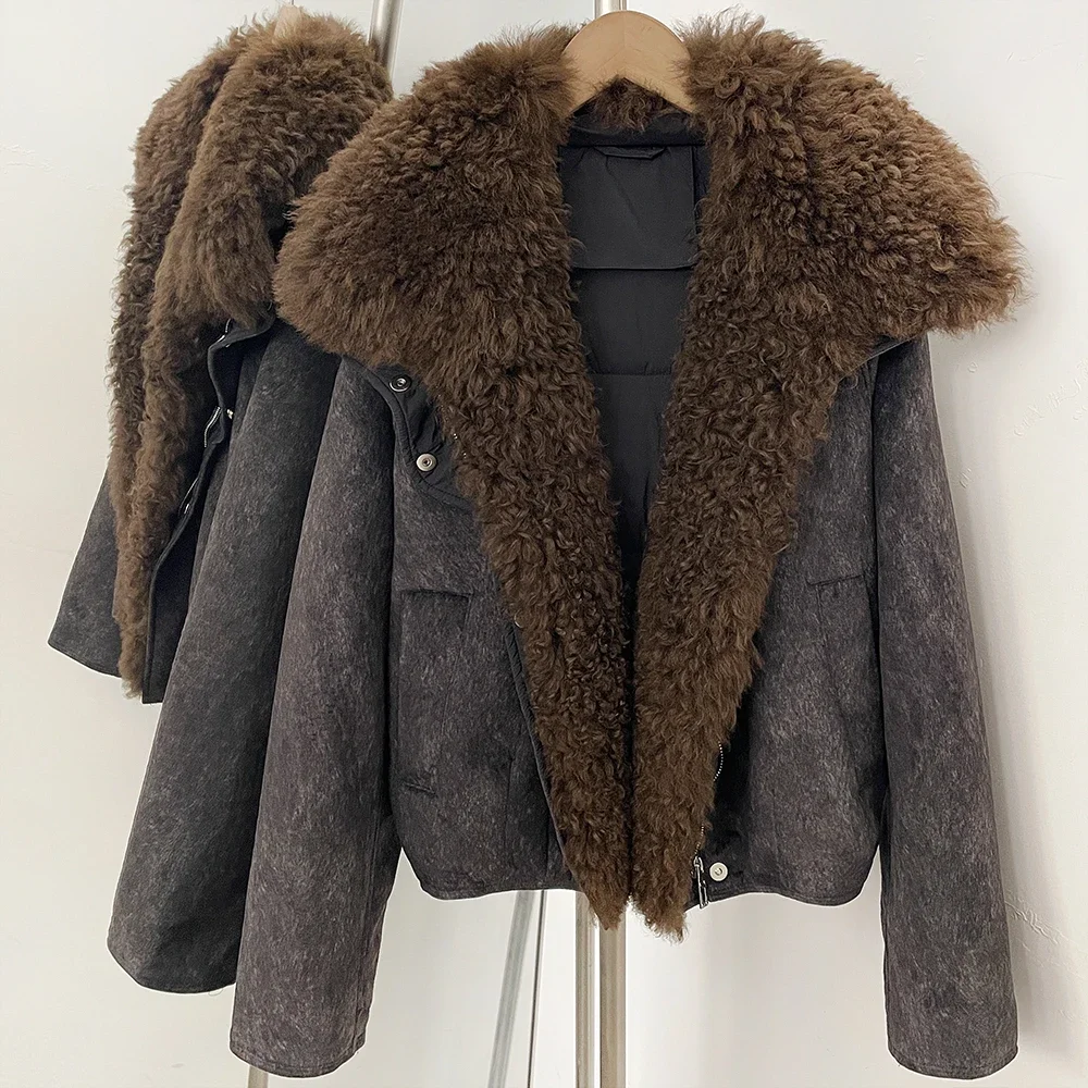 OFTBUY Winter Dicker Kurzer Puffermantel Modische Reißverschluss-Daunenjacke mit Echtem Fell Damen Echter Lammfellkragen Entendaunen-Bekleidung – Detail 8