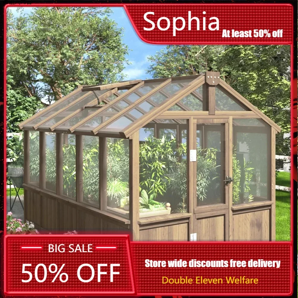 Outdoor Wooden Greenhouse with Cedar Frame and Adjustable Vents,featuring A 4-layer Polycarbonate Panel Greenhouse Home & Garden