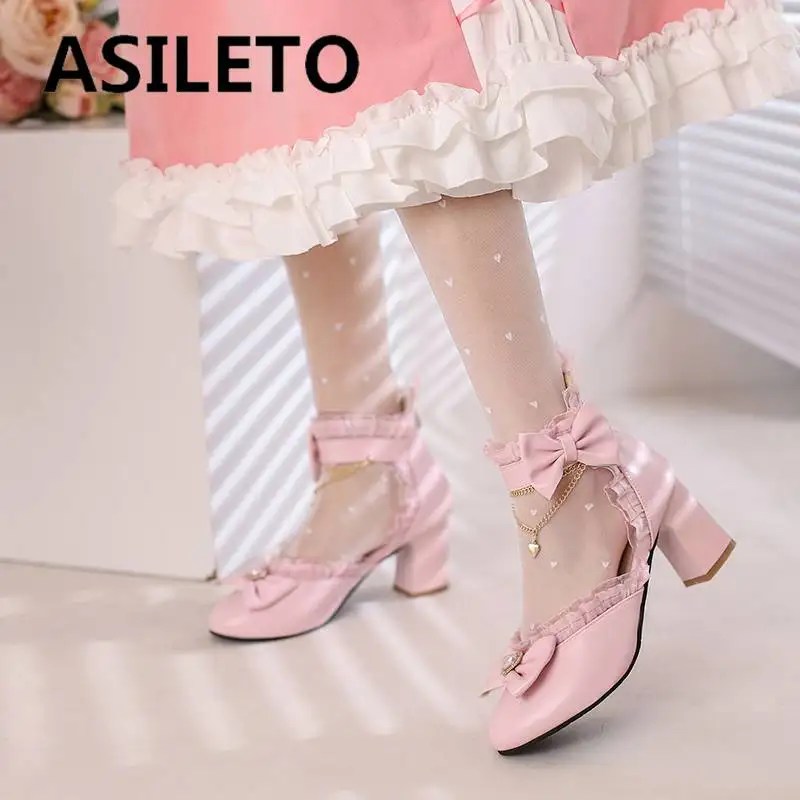 ASILETO Design Female Pumps Round Toe Chunky Heels 5cm Zipper Bowknot Sweet Lolita Shoes For Girls Solid Small Size 28 29 30