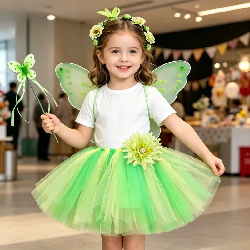 Girls Green Fairy Mesh Tutu Dress with Wings Flower Elf Kids Halloween Christmas Party Outfit Children's Day Stage Clothes