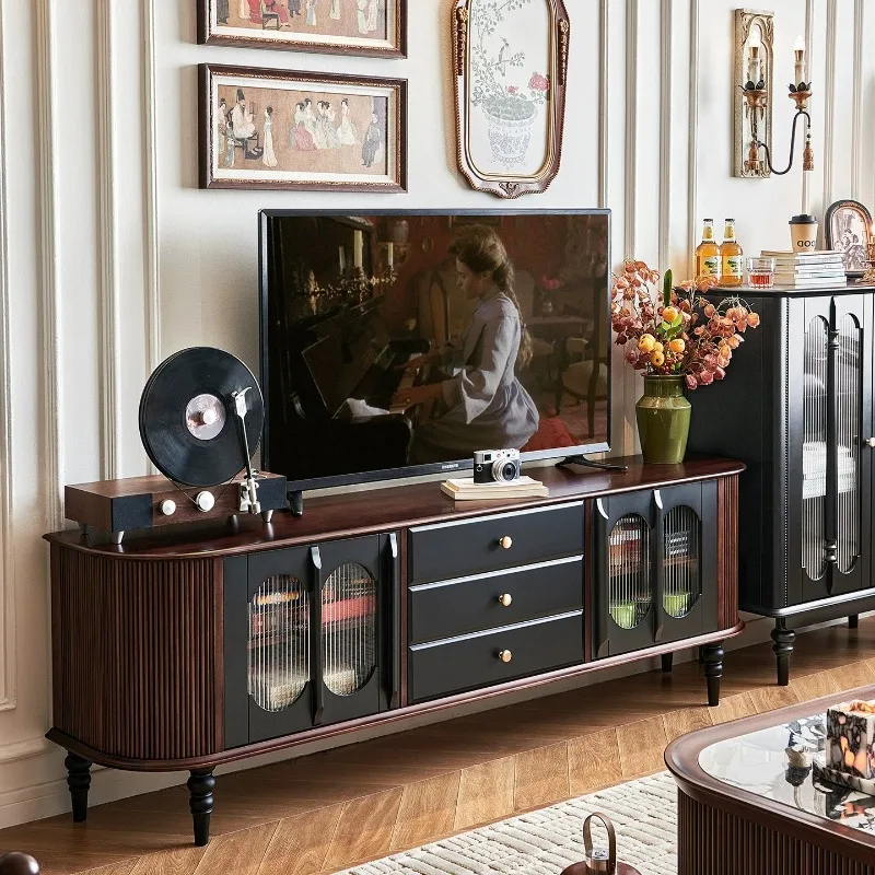 

French retro solid wood TV cabinet living room light luxury high-end black floor-to-ceiling cabinet