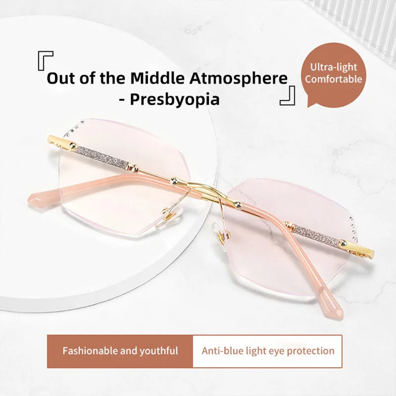 Luxury Diamond-studded Reading Glasses Rimless Anti-blue Light Presbyopia Eyeglasses Diopter +1.0 +1.5 +2.0 +2.5 +3.0 +3.5 +4.0