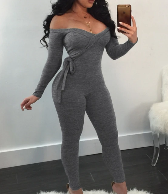 

Long Sleeve Jumpsuit Woman Streetwear New 2024 Spring/Summer Solid Color Sexy Deep V-Strap Off Shoulder Jump Suits for Female