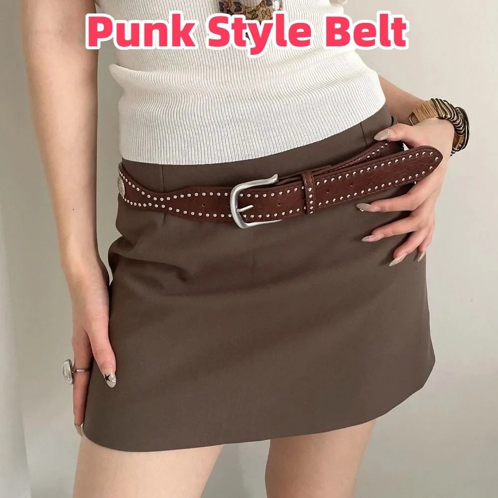 

Adjustable Maillard Women Rivet Belt Y2k Metal Buckle Wide Leather Waistband Jeans Girdle Vintage Punk Style Belt Spicy Girls