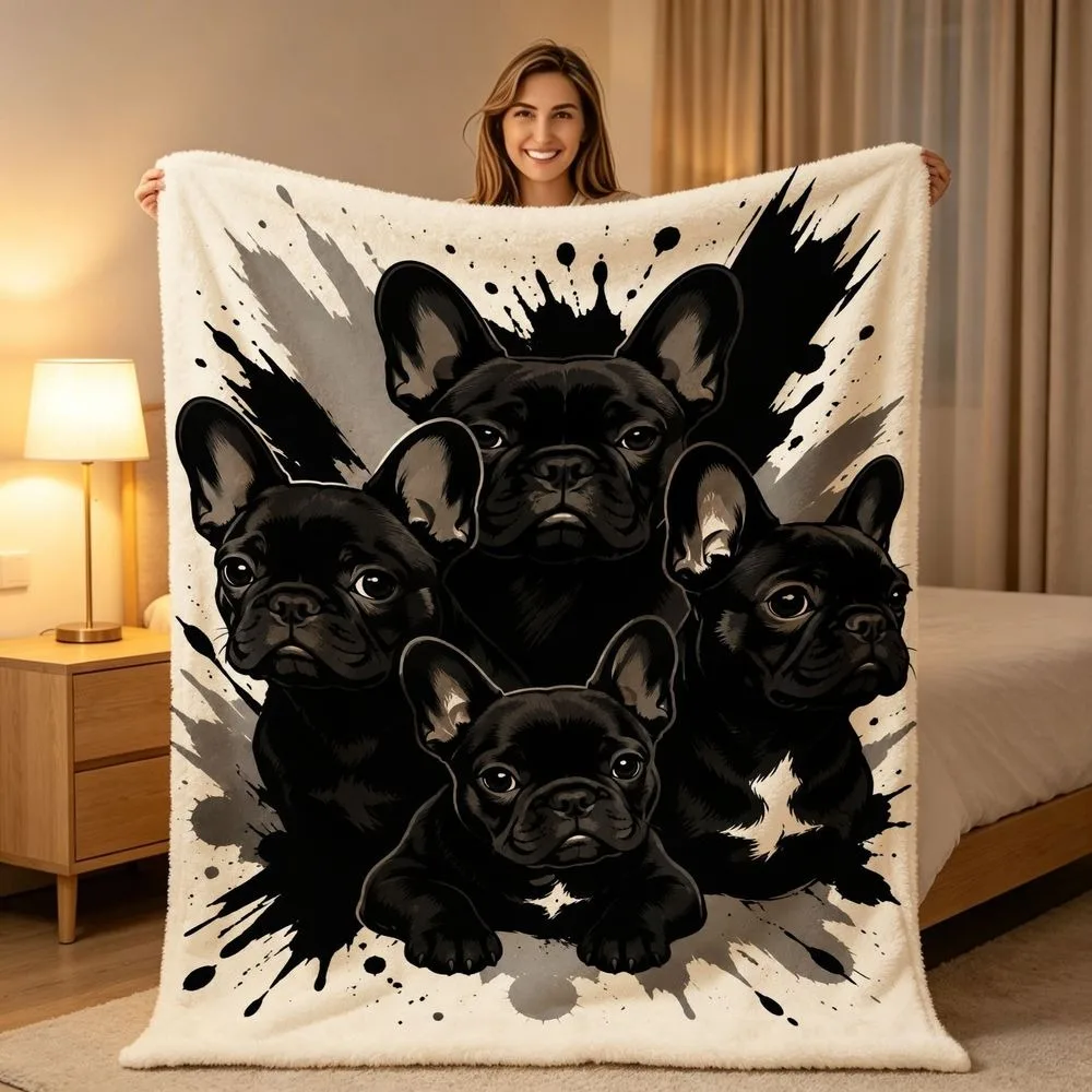 Bold White Black French Bulldog Splash Throw Blanket Plush Couch Cover For Trendy Dog Lover Home Decor Gift