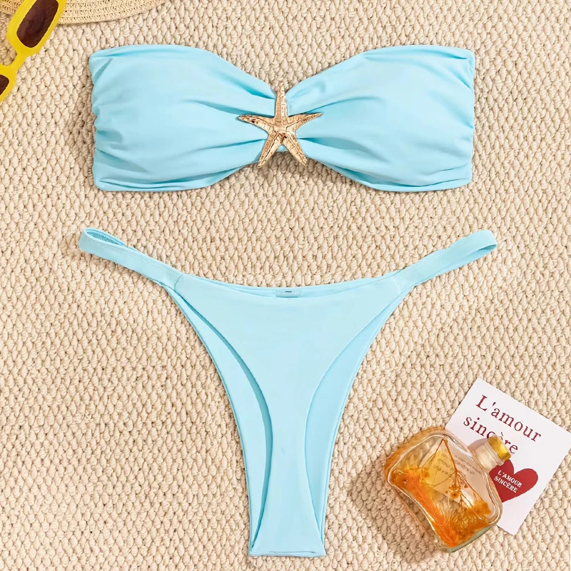 

Sexy Bandeau Bikini Set 2025 Women Sky Blue Starfish Ornament Push Up Thong Swimsuit Brazilian Beach Bathing Suit Micro Swimwear