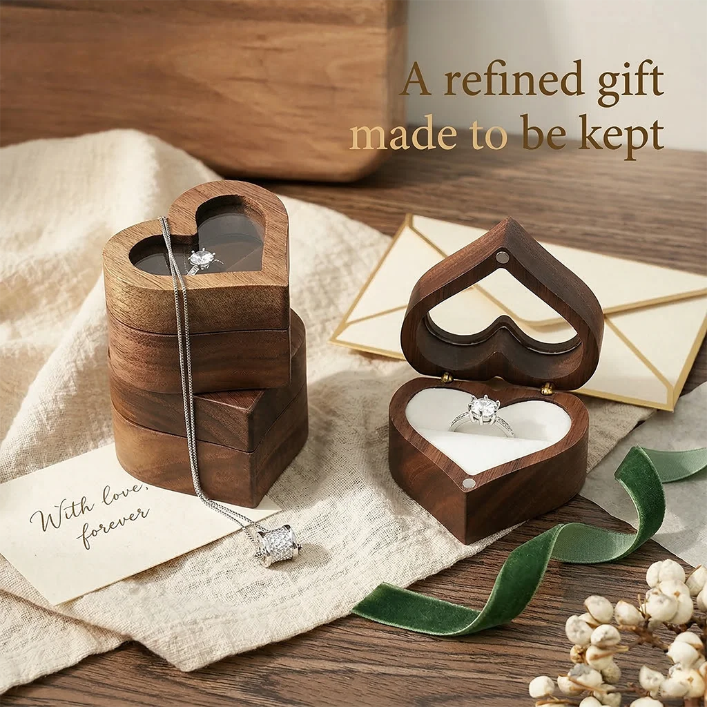 Valentines Day Gift Box Heart Design Solid Wood Earring Holder Stand for Couples Lovers Engraved Anniversary Present