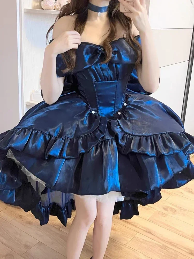 

2025 Lolita Princess Blue Pettiskirt Dress Sleeveless High Waist Slim Fit Back Big Bow Long Trailing Strapless Short Dress Women