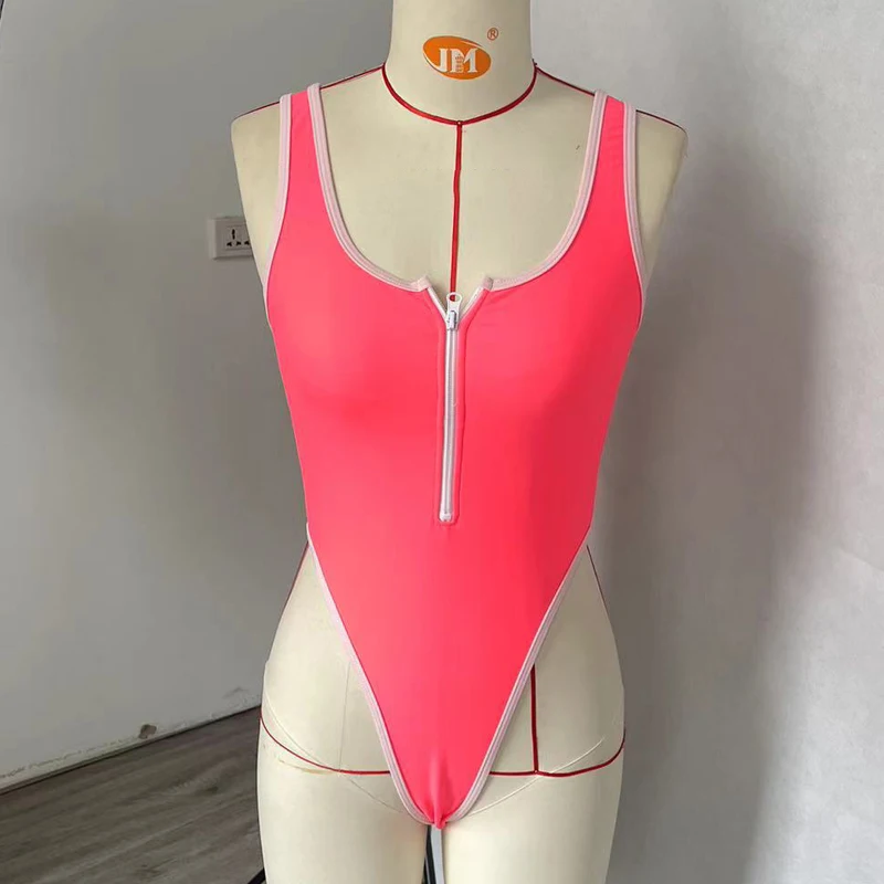 BEACHBELE Bikini One Piece Summer Casual Sport Contrast Color Square Neck Zipper Sleelveless Backless Swimsuit Holiday Beachwear