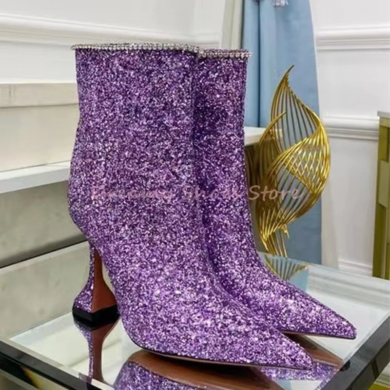 

Purple Bling Rhinestone Slip On Pointed Ankle Boots Women Luxury Wine Glass Heel Short Boots Fashion Party Wedding Catwalk Shoes