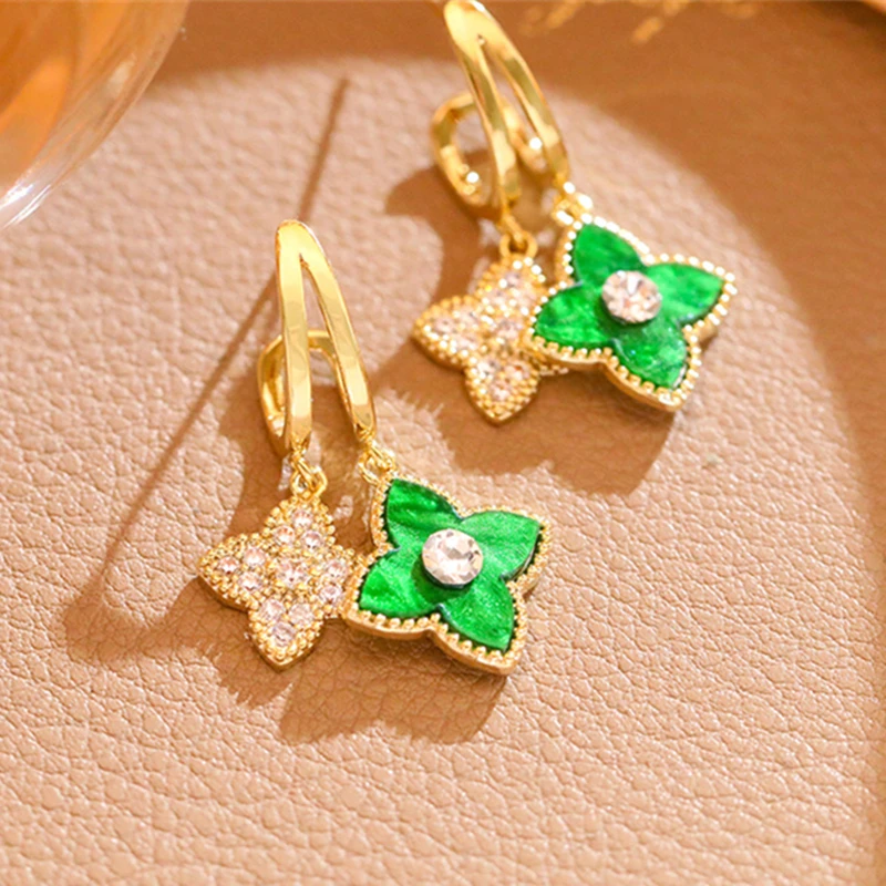 Trendy Rhinestone Four Petal Flower Earring For Women Fashion Crystal Green Plant Dangle Earrings Luxury Female Jewelry Gifts