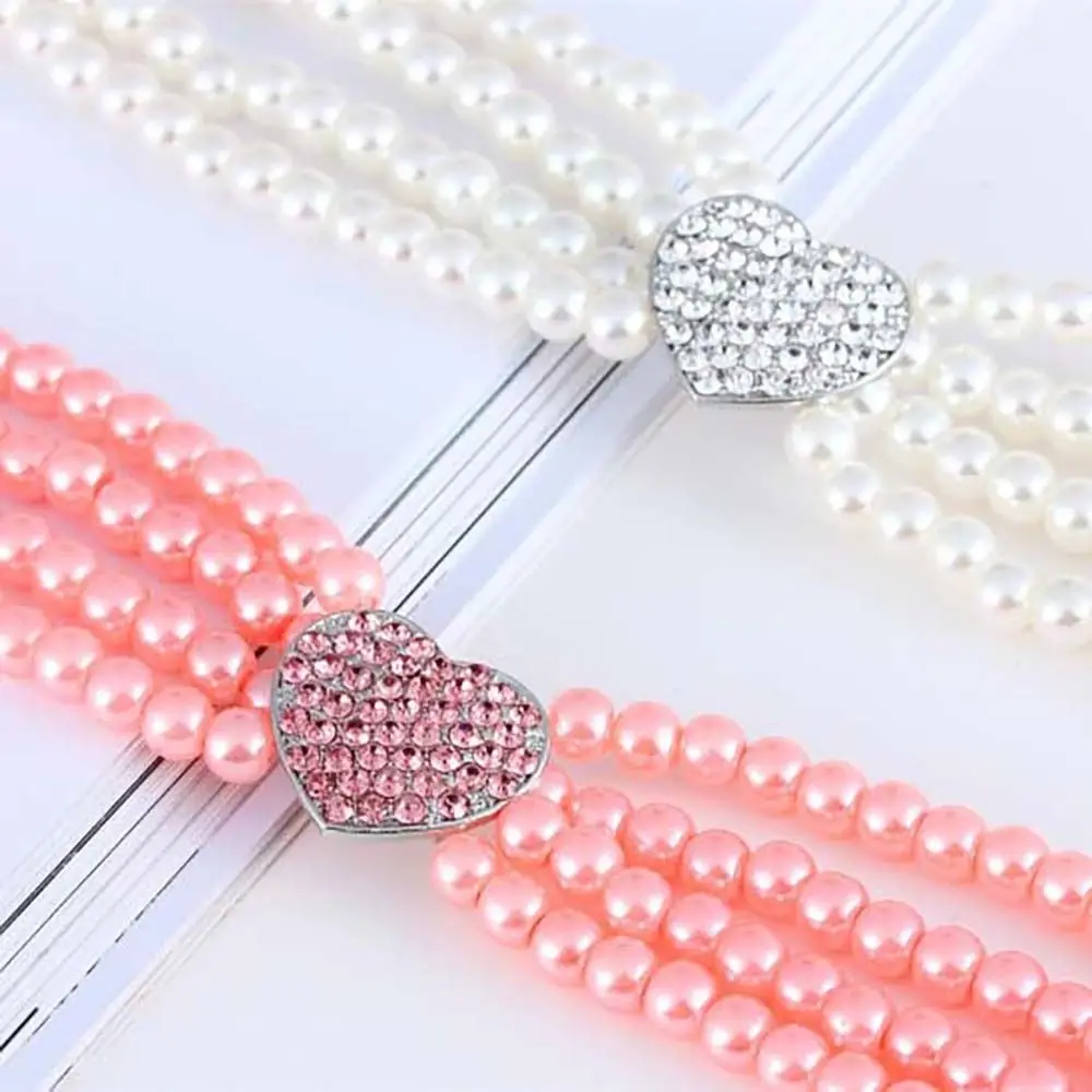 New Puppy Dog Choker Rhinestone Heart Four Rows Pearls Dogs Necklace Collar Shiny Cat Collar Jewellery Pet Supplies