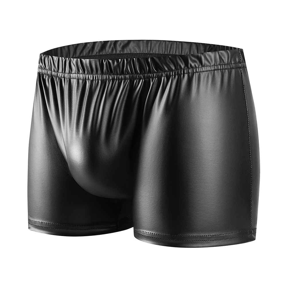 Mens Sexy Seamless Underwear Faux Leather Shorts Wet Look Briefs U Convex Pouch Trunks Shorts Beach Board Shorts