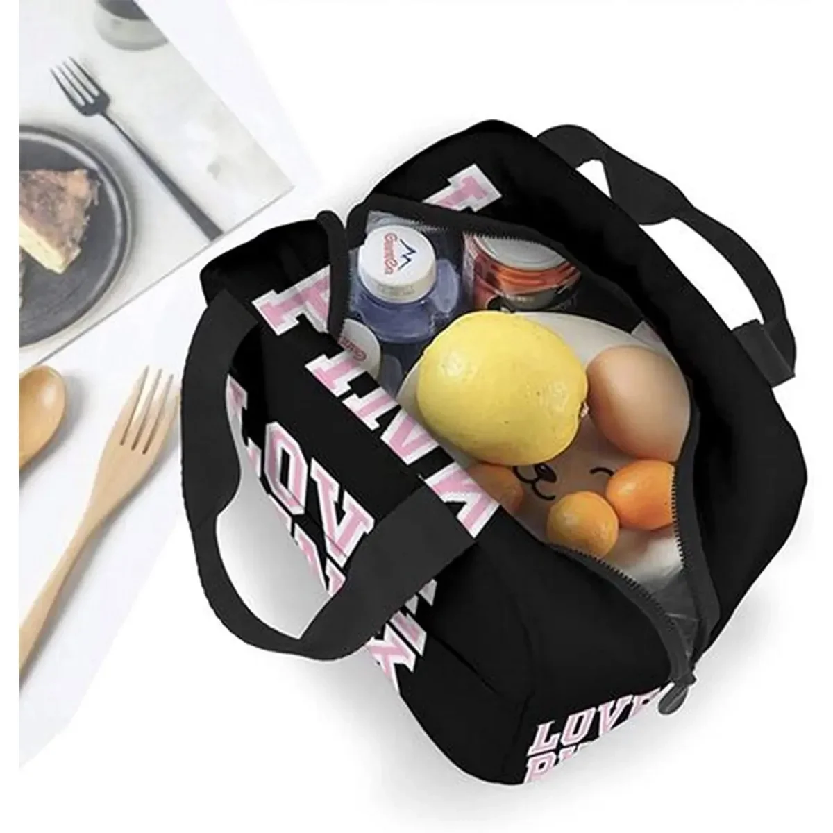 Love Pink Black Portable Insulated Lunch Bag Waterproof Tote Bento Bags Lunch Tote for Women Lunch Box for Work School Picnic