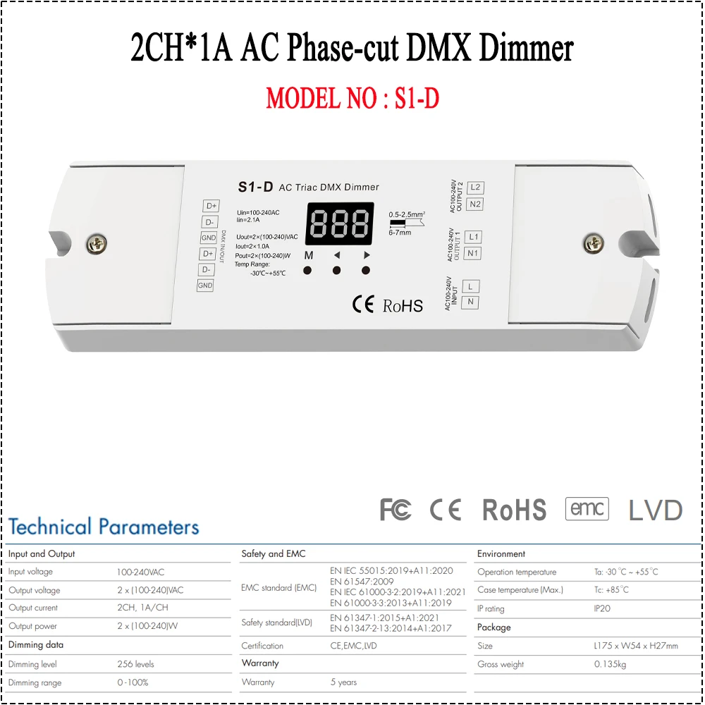 CENFAYA AC Triac DMX Dimmer Two Channel Output 2 Channel Dimmer Triac Dimmable and Mosfet Dimmable Output Voltage 2 x 100-240VAC