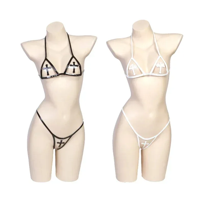 

Lyou 2025 Transparent nun cross bikini cosplay two-piece PU leather swimsuit lace-up micro swimwear bra with G-string bathi ★ ★