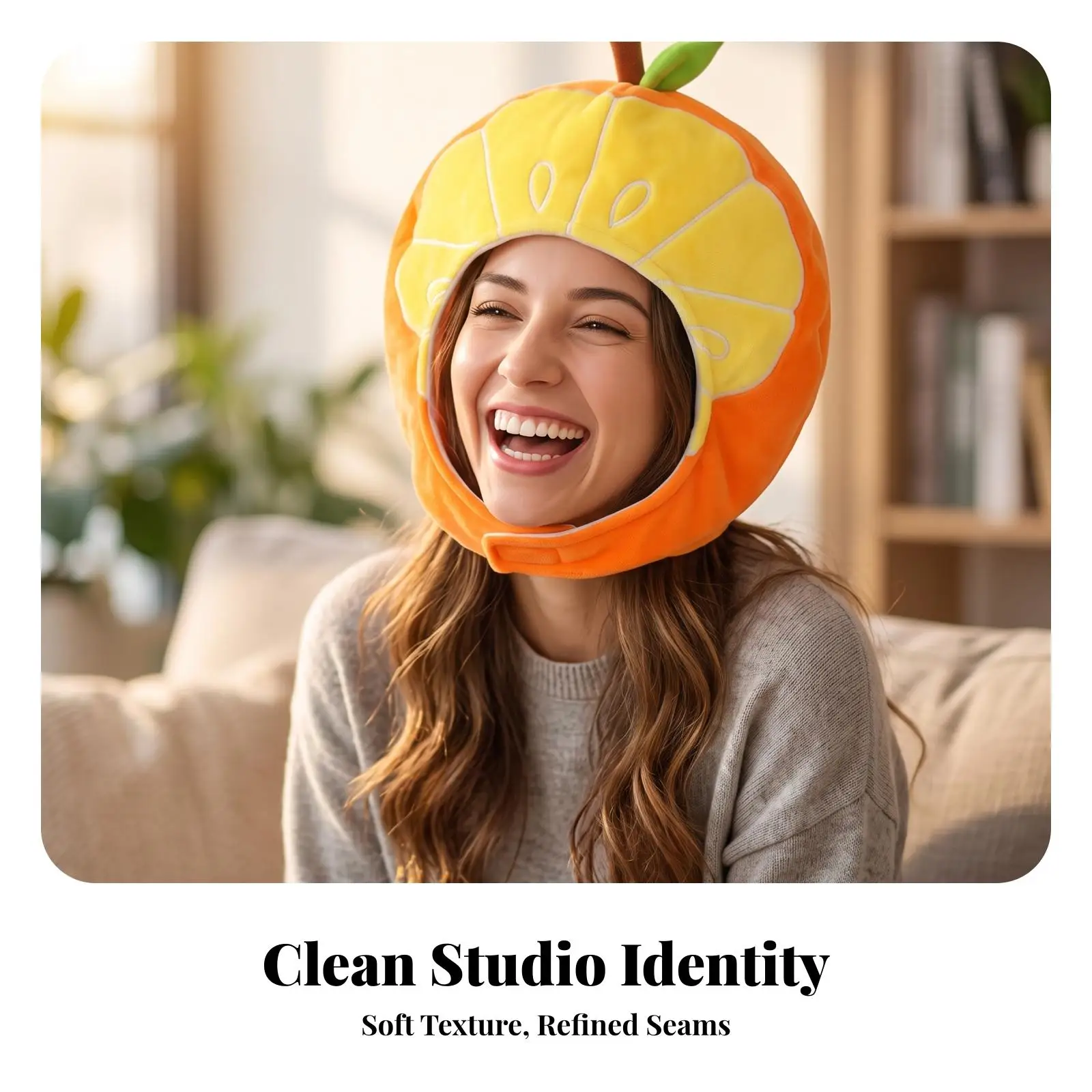Soft Orange Shaped Cartoon Hood with Leaf Stem Detail for Festive Costume Photoshoot Prop