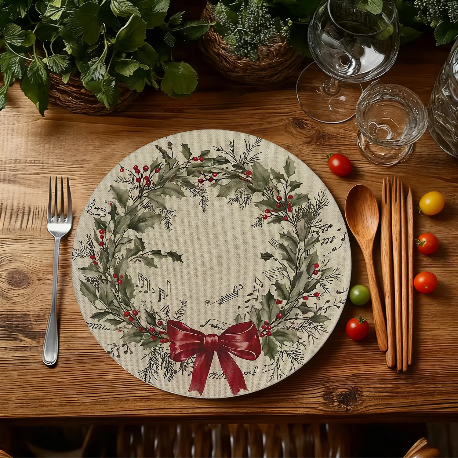 VIKAMA christmas wreath red bow round placemat 15 inch 38cm dining table mat non slip waterproof heat resistant easy to clean
