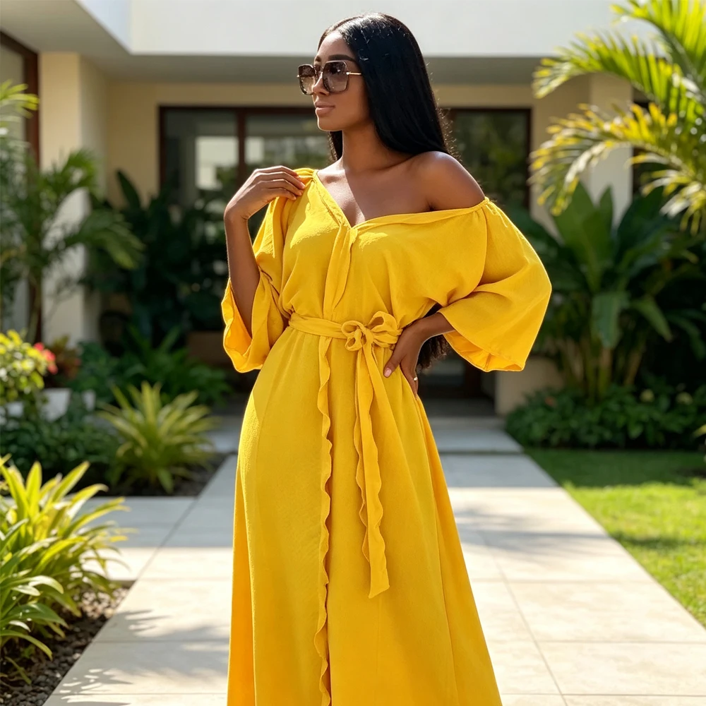 Women African Dashiki Ruffle Kaftan Maxi Dress w/Waist Belt Loose Long Robe Elegant Solid Color Summer Party Holiday Casual Gown