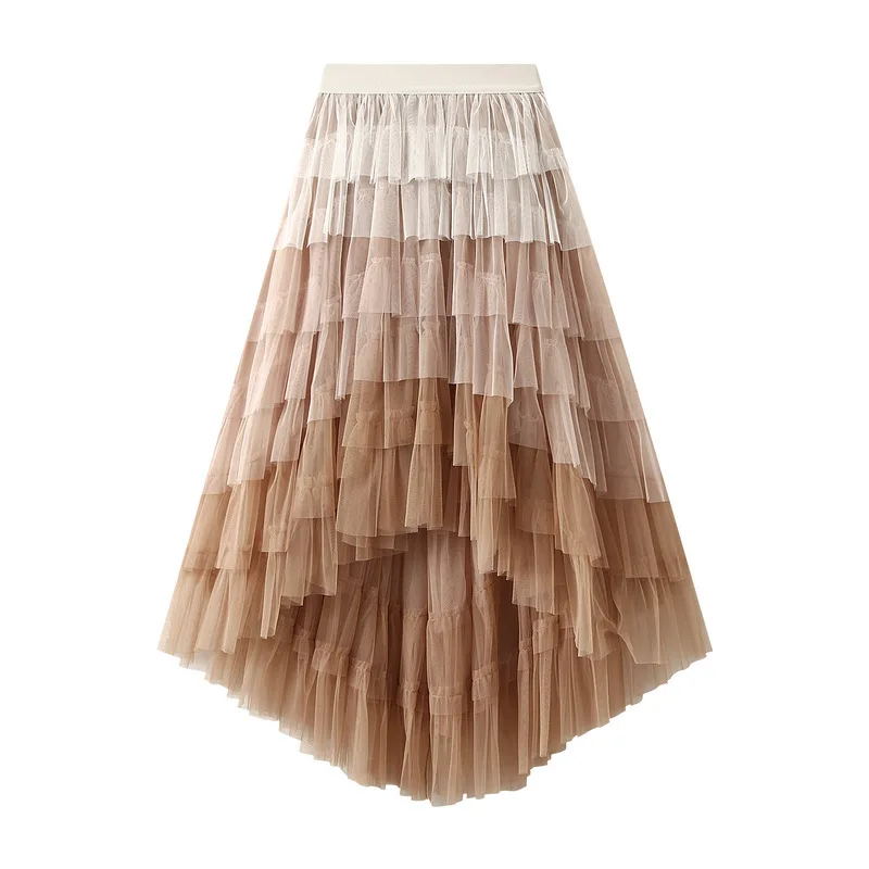 Women's Tulle Skirt Ruffle Multilayer Mesh A Line Tier Tutu Prom Irregular High Waisted Gradient Rainbow TulleLong Skirt 1379
