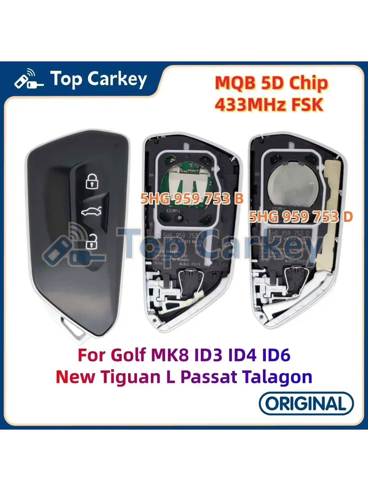 TopCarkey 5HG 959 753 B D Oryginalny inteligentny klucz 5D Chip 433MHz dla MQBevo Golf 8 Tiguan Passat Talagon MEB ID3 ID4 ID6 — 2