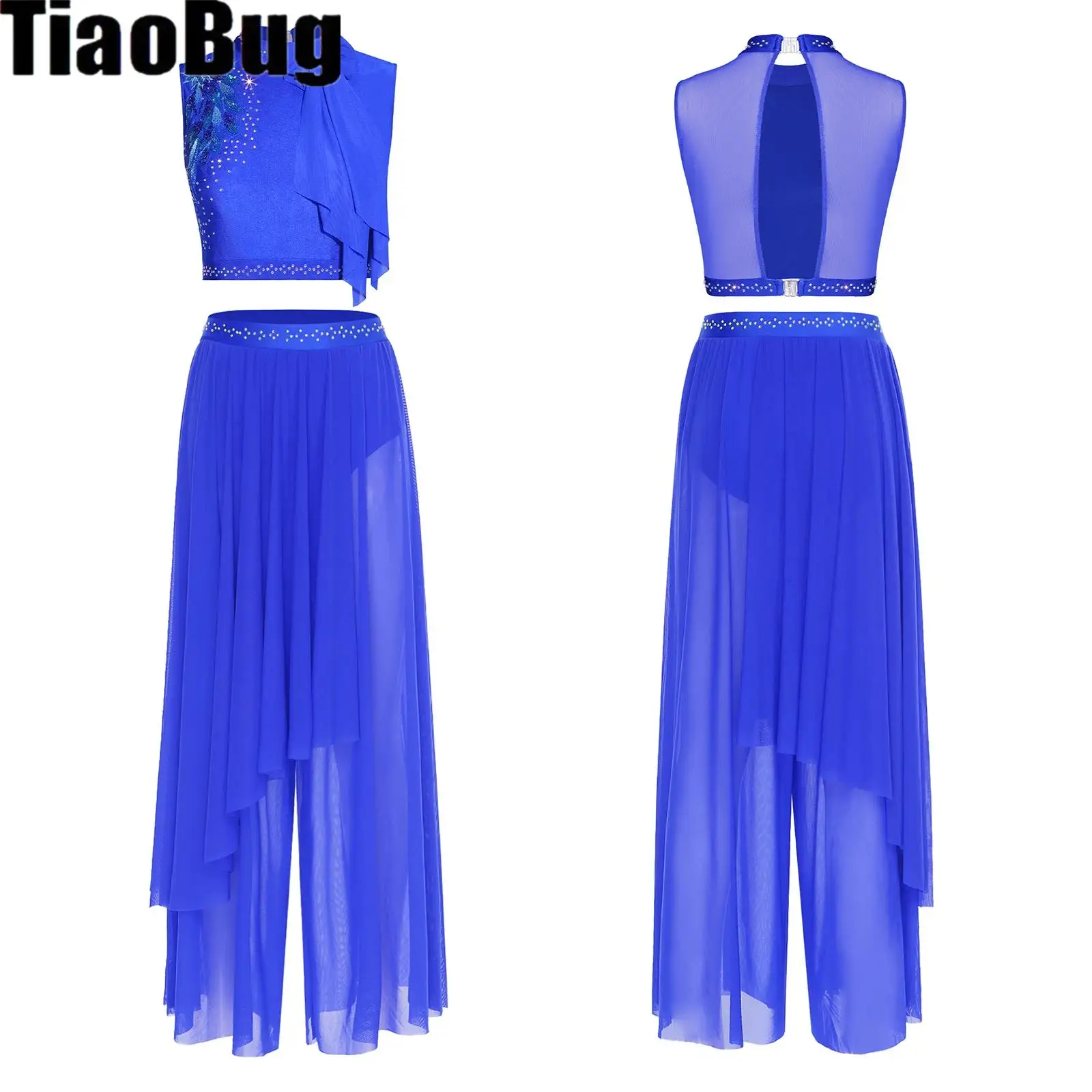 

Women Lyrical Dance Outfit Sequin Embroidery Sleeveless Crop Top And Mesh Wide Leg Pants Skating Ballet Contemporary Dancewear