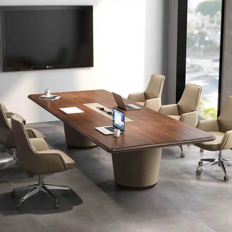 Long table negotiation table with solid wood leather, calm and atmospheric table, conference room table and chair combination