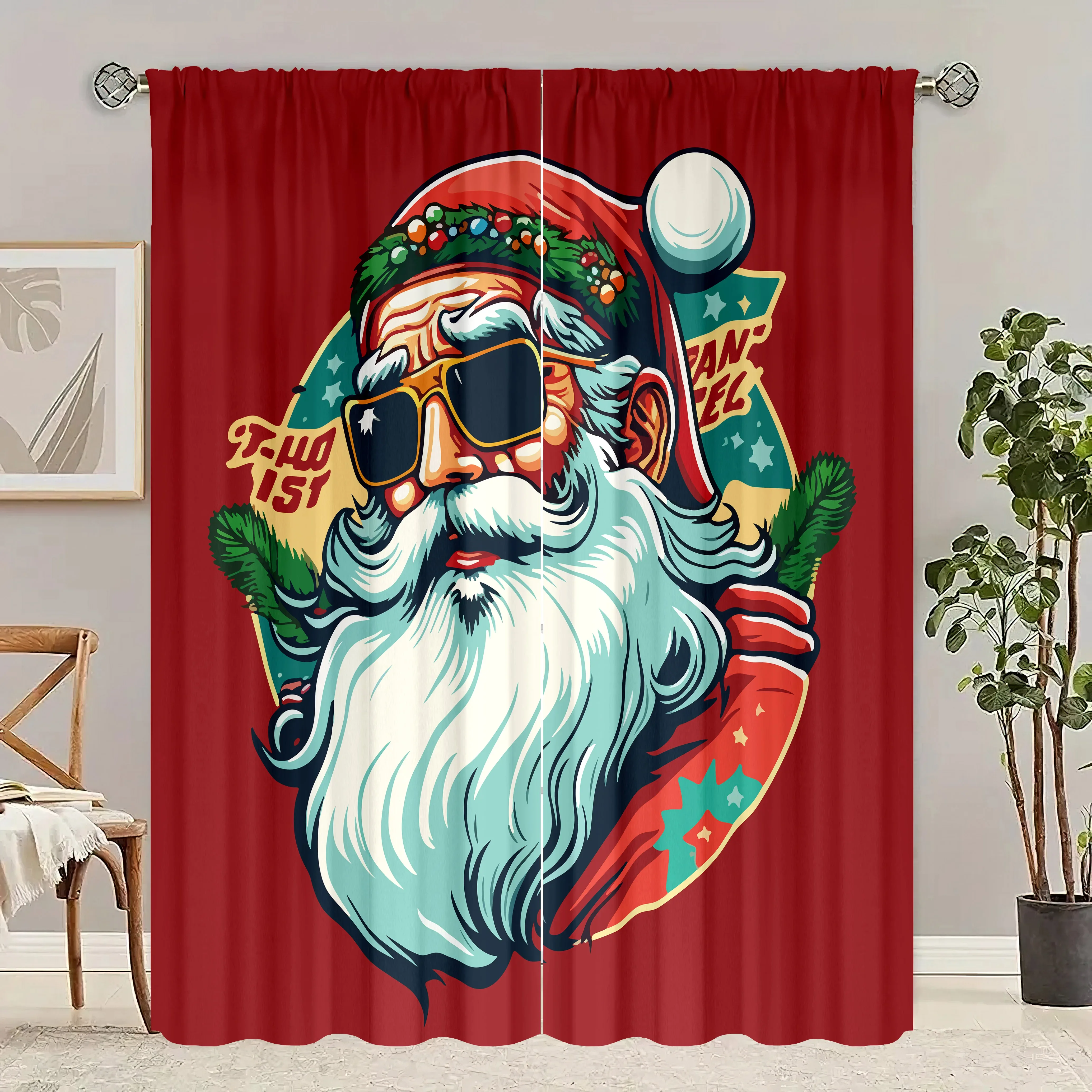 ​Santa West Coast Print Curtains - 2-Piece Winter Polyester Set for Bedroom, Living Room & Study Decor, Holiday Window Scenery​