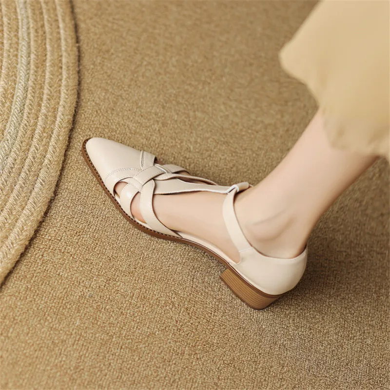 Summer Sandals Split Leather Cover Toe Sandals for Women Pointed Toe Chunky Heel Sandals Gladiator Shoes Ladies Shoes Brown