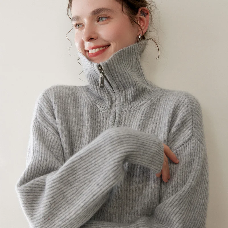 

Высококачественный женский свитер из 100% кашемира, осенне-зимний пуловер с длинными рукавами и полумолнией, толстый кашемировый трикотаж, модный топ