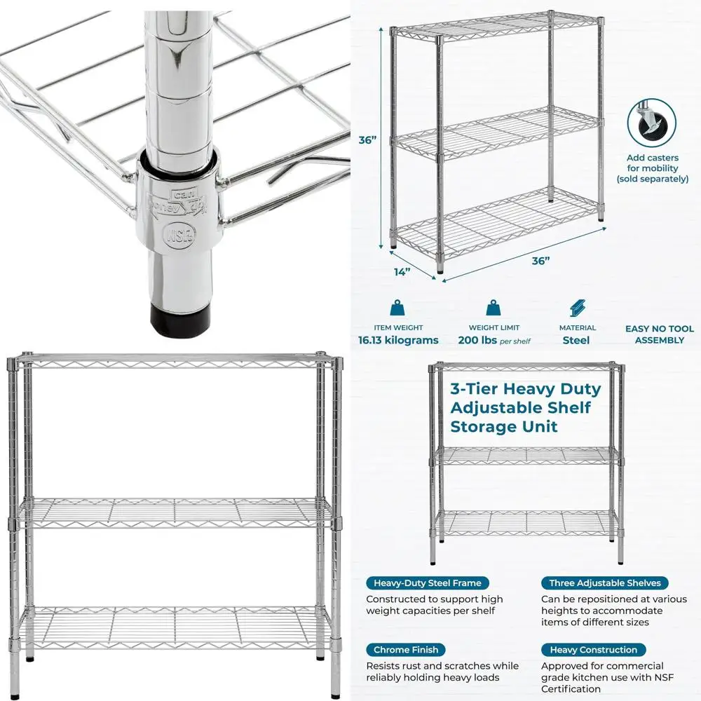 

Регулируемый 3-ярусный стеллаж для тяжелых нагрузок, грузоподъемность 90 кг, хромированная сталь SH-09367