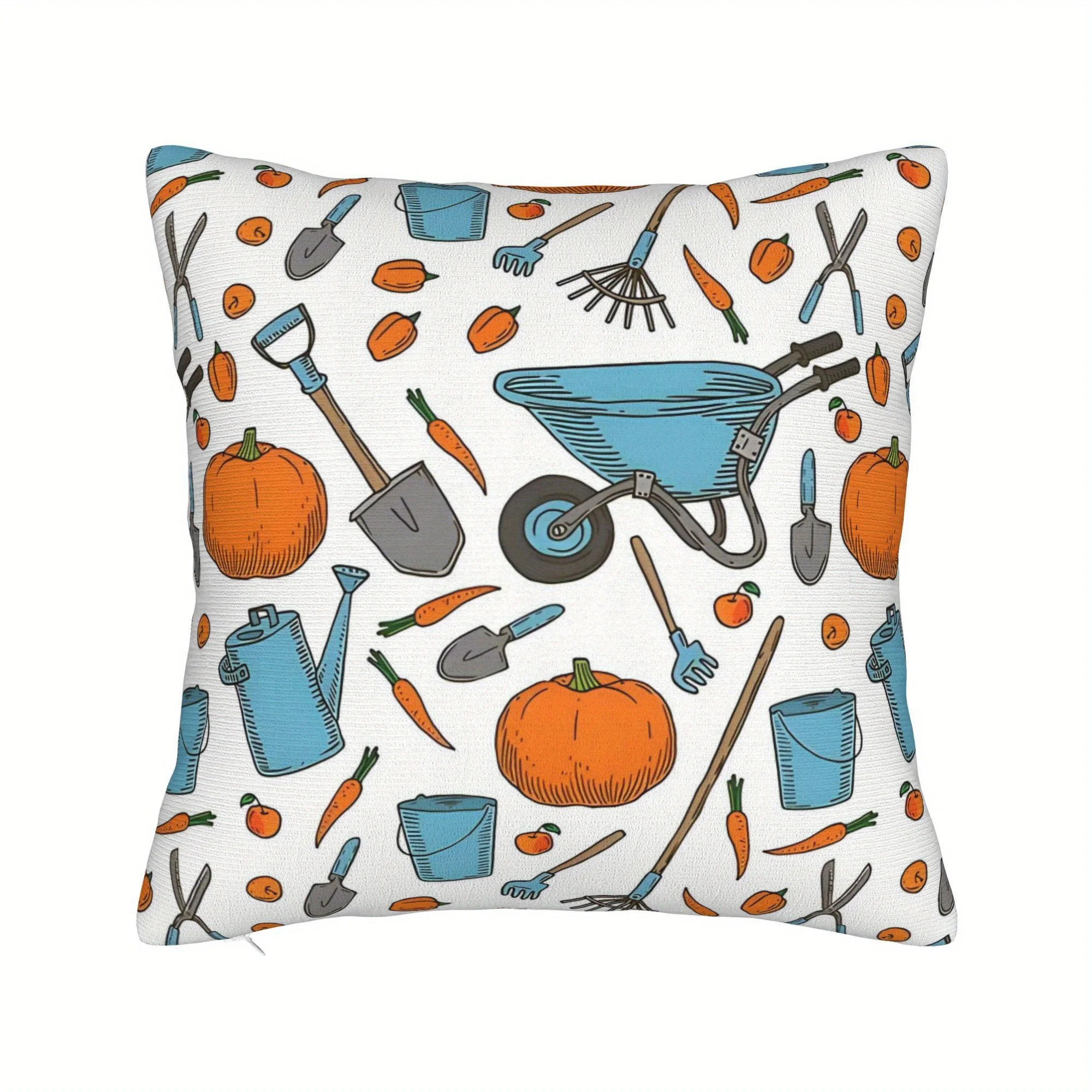 1pc Autumn Garden Pillow Cover 45x45cm – Hand-Drawn Pumpkins & Tools Print, Soft Cotton-Poly, Hidden Zipper, Machine Washable,