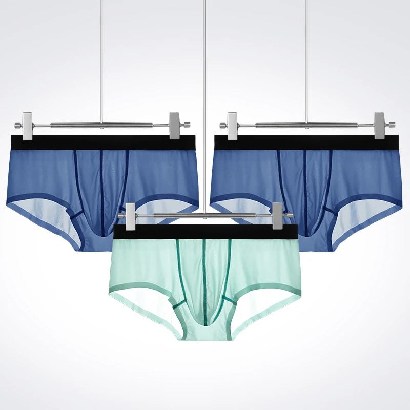 3 قطع ملابس داخلية للرجال: سراويل داخلية صيفية رفيعة للغاية من الحرير الجليدي بدون خياطة للرجال، شورت شفاف للرجال