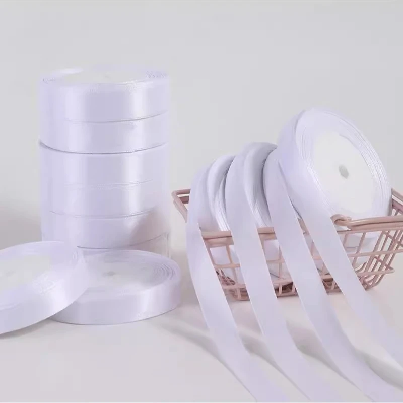 6mm ~ 75mm 25 야드/롤 솔리드 화이트 새틴 리본 웨딩 장식 선물 상자 활 포장 벨트 DIY 공예 장식 의류 액세서리