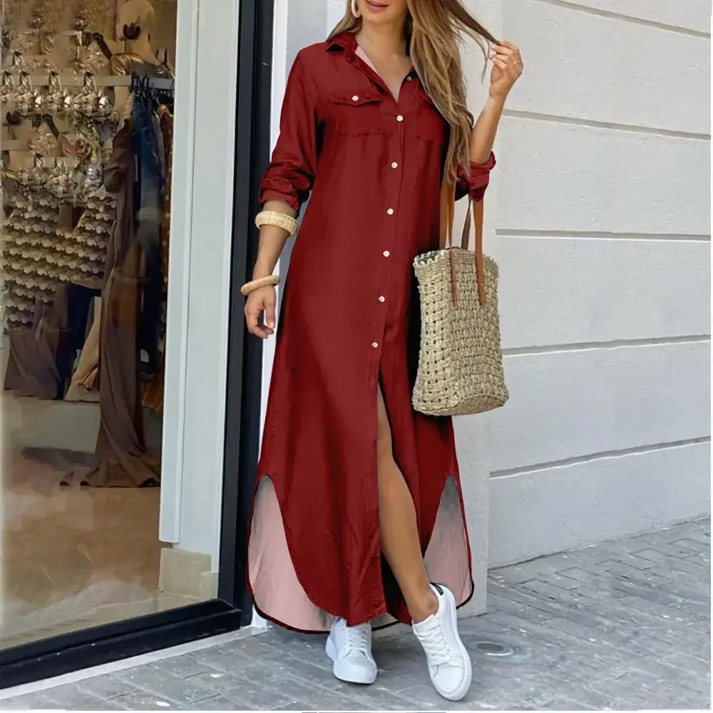 Abito camicia lunga casual Autunno Donna Manica lunga Abiti maxi Laides Colletto rovesciato Abiti da ufficio Vestito estivo ampio Robe Longue