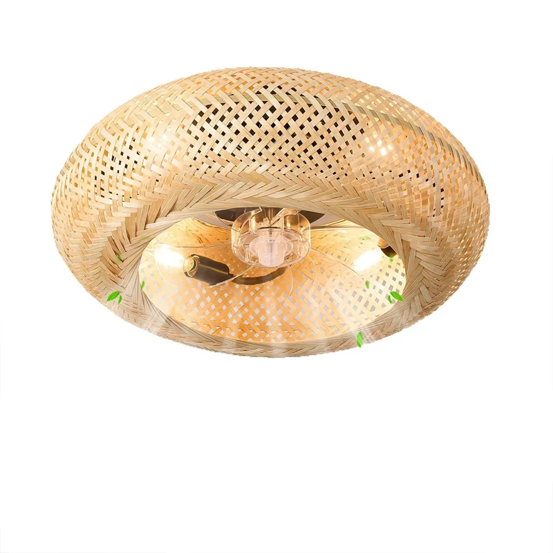 Bamboe plafondventilatorlamp Afstandsbediening Plafondventilator Licht E26 Geweven rotan kap Onzichtbare bladen Stille 6-speed Lamp voor slaapkamergebruik - afbeelding 2