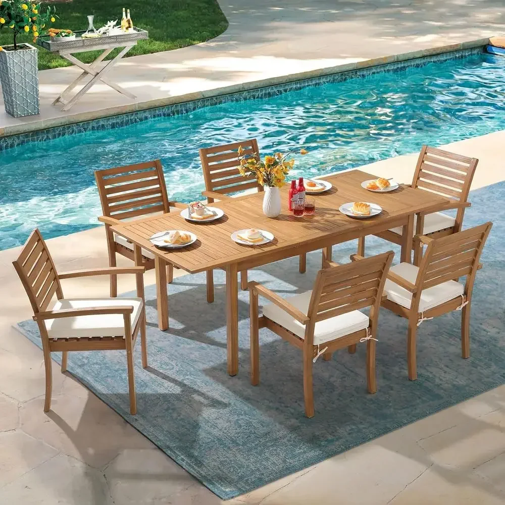 Acacia Wood Outdoor Dining Set with 6 Stackable Chairs and Removable White Cushions