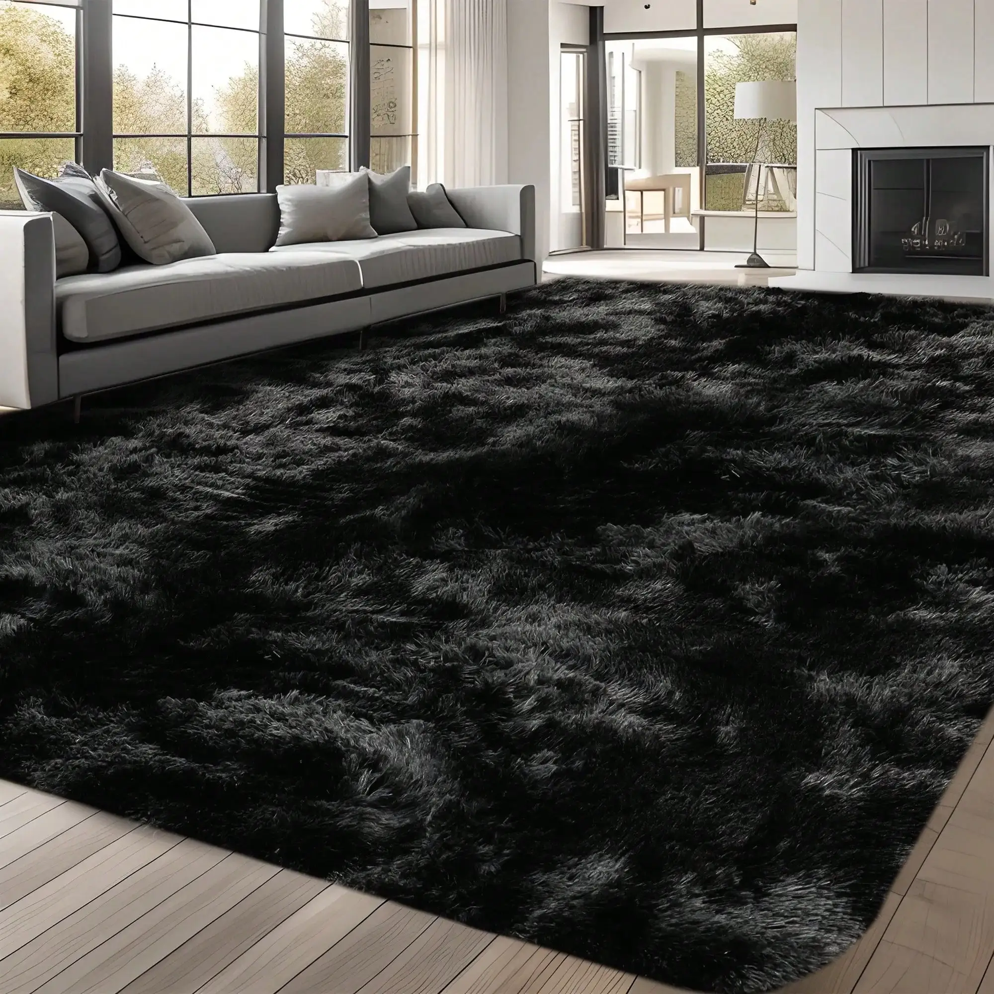 1pc Black Rug Modern Fluffy Shaggy Area Rug Super Soft And Cozy Rug Non-Slip Plush Carpet Floor Mat For Thanksgiving Day Chrismas Decor, Rug For Living Room, Bed Room, Dorm, Room Decor, Back To School Supplies