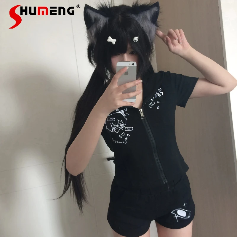

Japanese Style Anime Embroidery Cat Ears Slim Long-sleeved Top Shorts Hooded Suit Spring Summer Sweet Cute Y2K Black Casual Sets