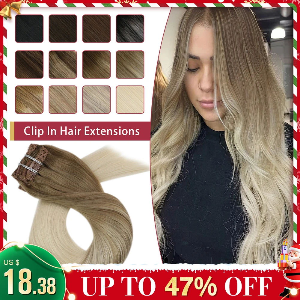 Moresoo Clip in Hair Extensions 100% Real Remy Human Hair Brazilian Silky Straight Hair Extension Balayage Blonde Hair Extension