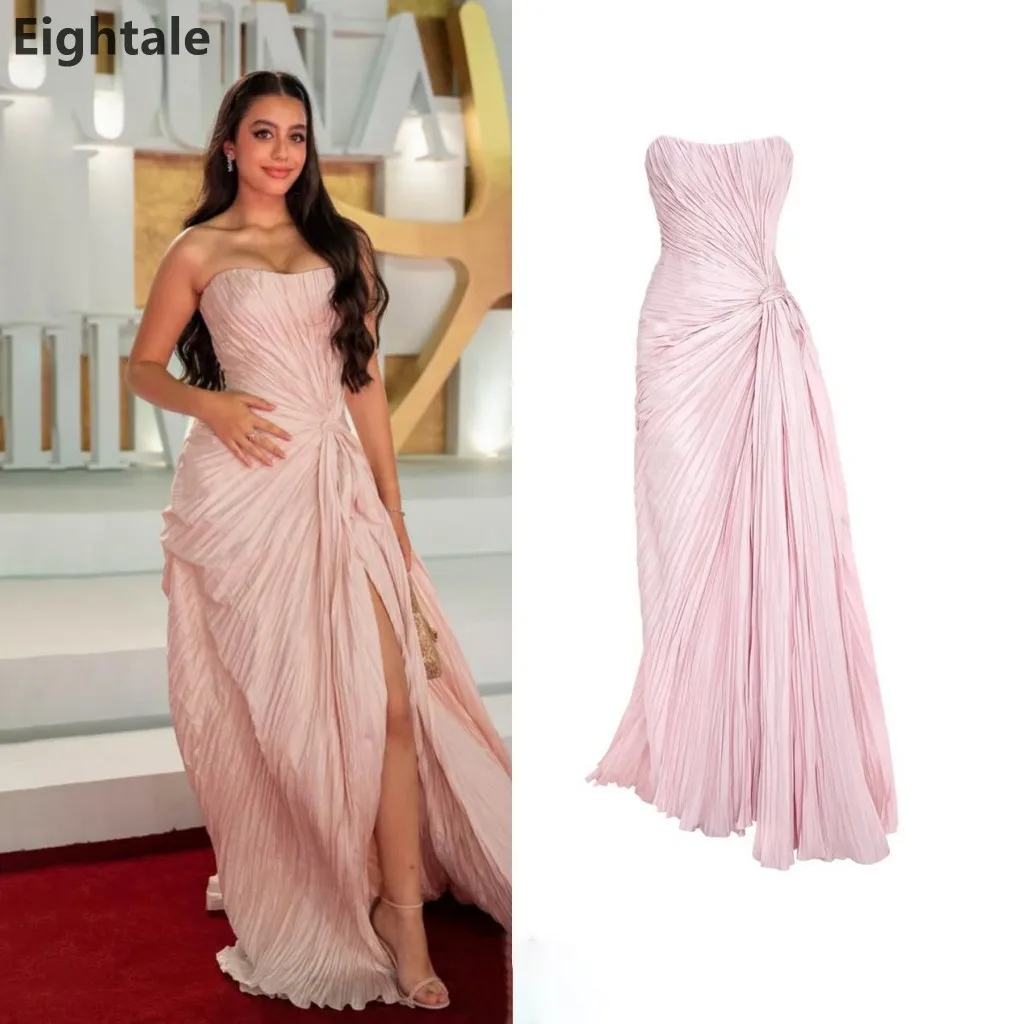 

Eightale 2025 Pink Shinning Silk Mermaid Pleated Maxi Evening Dress Strapless Prom Gown Dubai Women Formal Dress Customized
