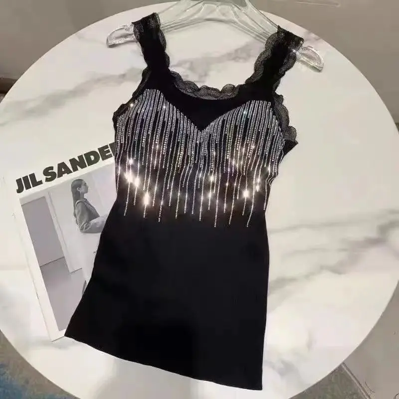 Rhinestone Lace Backless Cami - Summer Plus Size Crystal Tank, Slimming Stretch Top for Women
