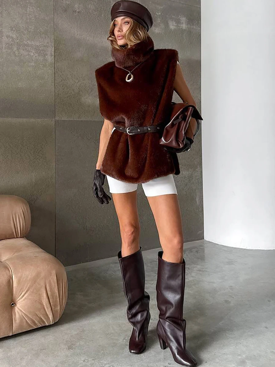 Weird Puss High Collar Svel Furry Vest for Women Sexy Versatile Top Polyester Fabric Slim Fit Faion Sle Daily Wear