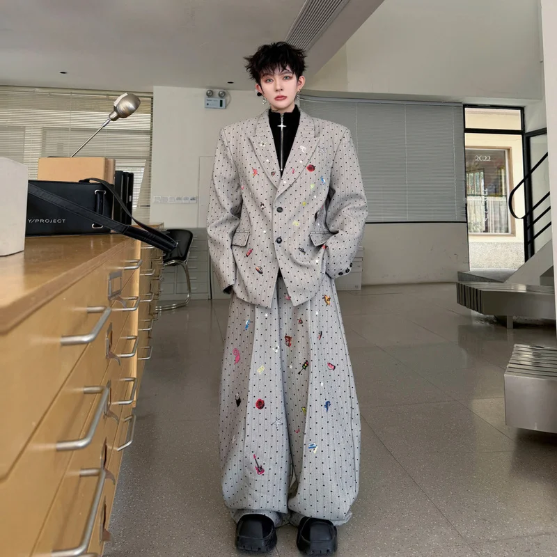 QICHE 2026 Men Oversized Runway Suit High Sense Polka Dot Stripe Blazer Trousers Matching Set
