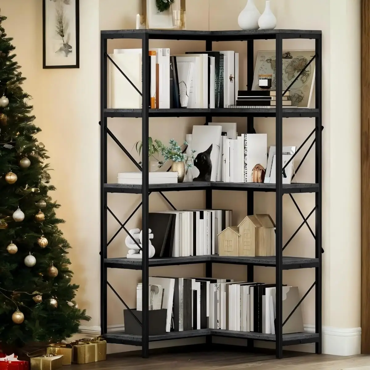 

Corner Bookshelf, Industrial Corner Shelf 5 Tier Bookcase, Large Display Rack Storage for Bedroom, Living Room, Home Off