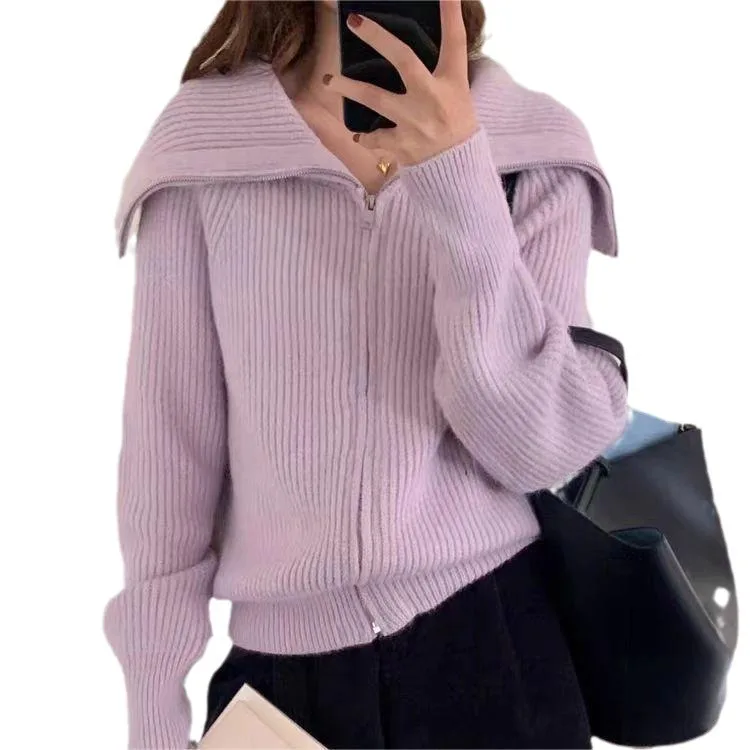 2024 Big Collar Solid Color Zipper Lazy Sweater Coat Autumn/Winter New Casual Knitted Cardigan for Women