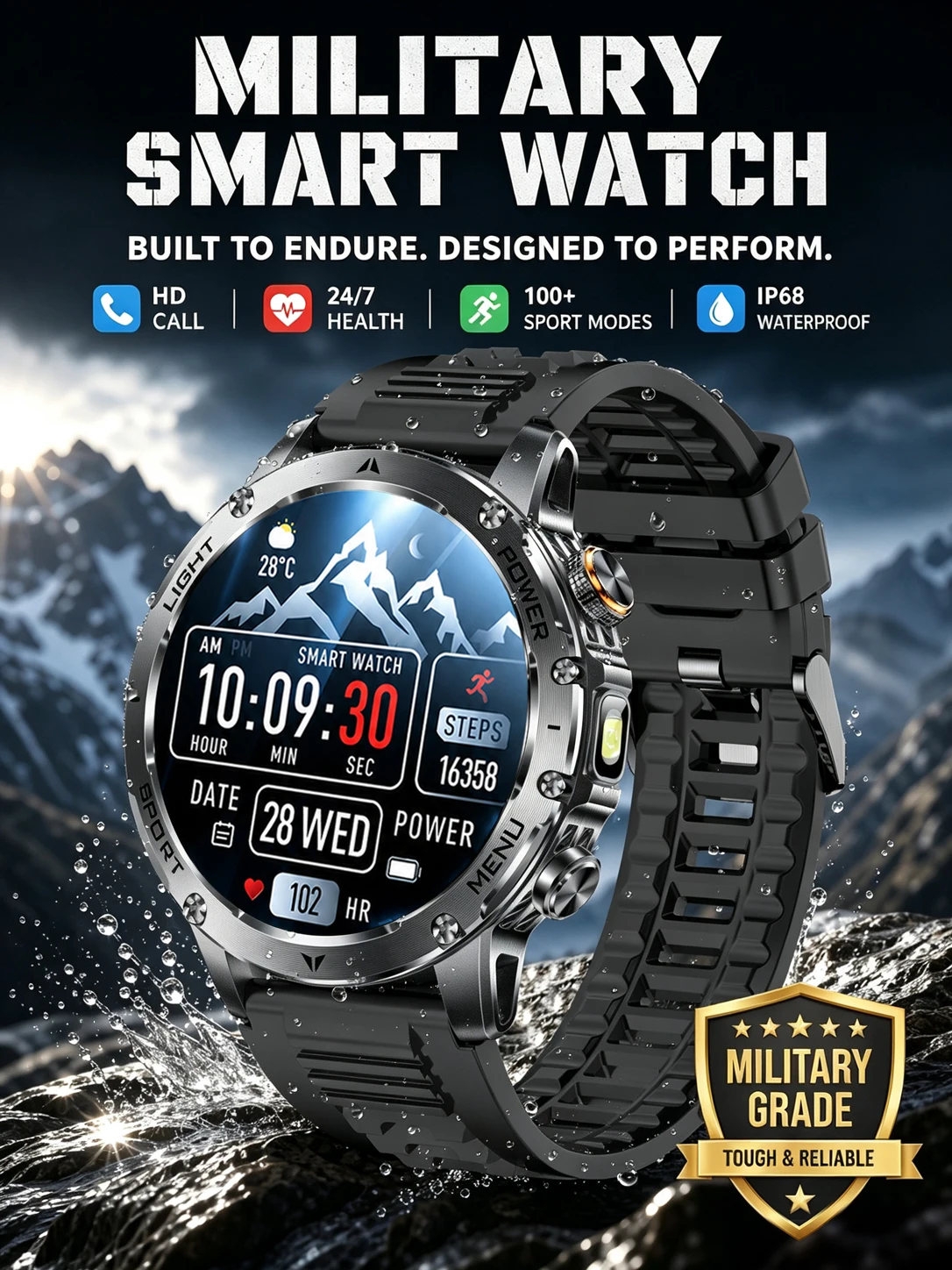 Męski smartwatch sportowy 2026, okrągły ekran HD o przekątnej 1,7 cala, bateria o dużej pojemności 1000 mAh, latarka LED, ponad 100 funkcji sportowych, wodoodporność IP68, zegarek do monitorowania — 2