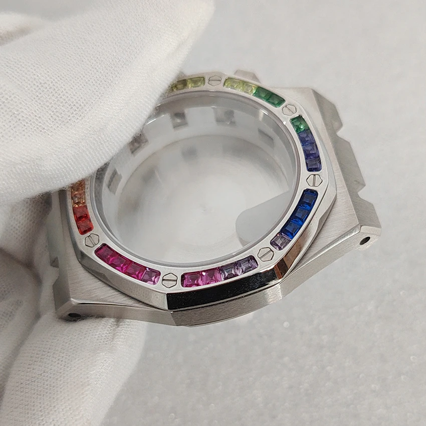 41mm Silver Watch Case with Strap for VK63 Quartz Movement Stainless Steel Case Transparent Back Cover Shell Watchband Set
