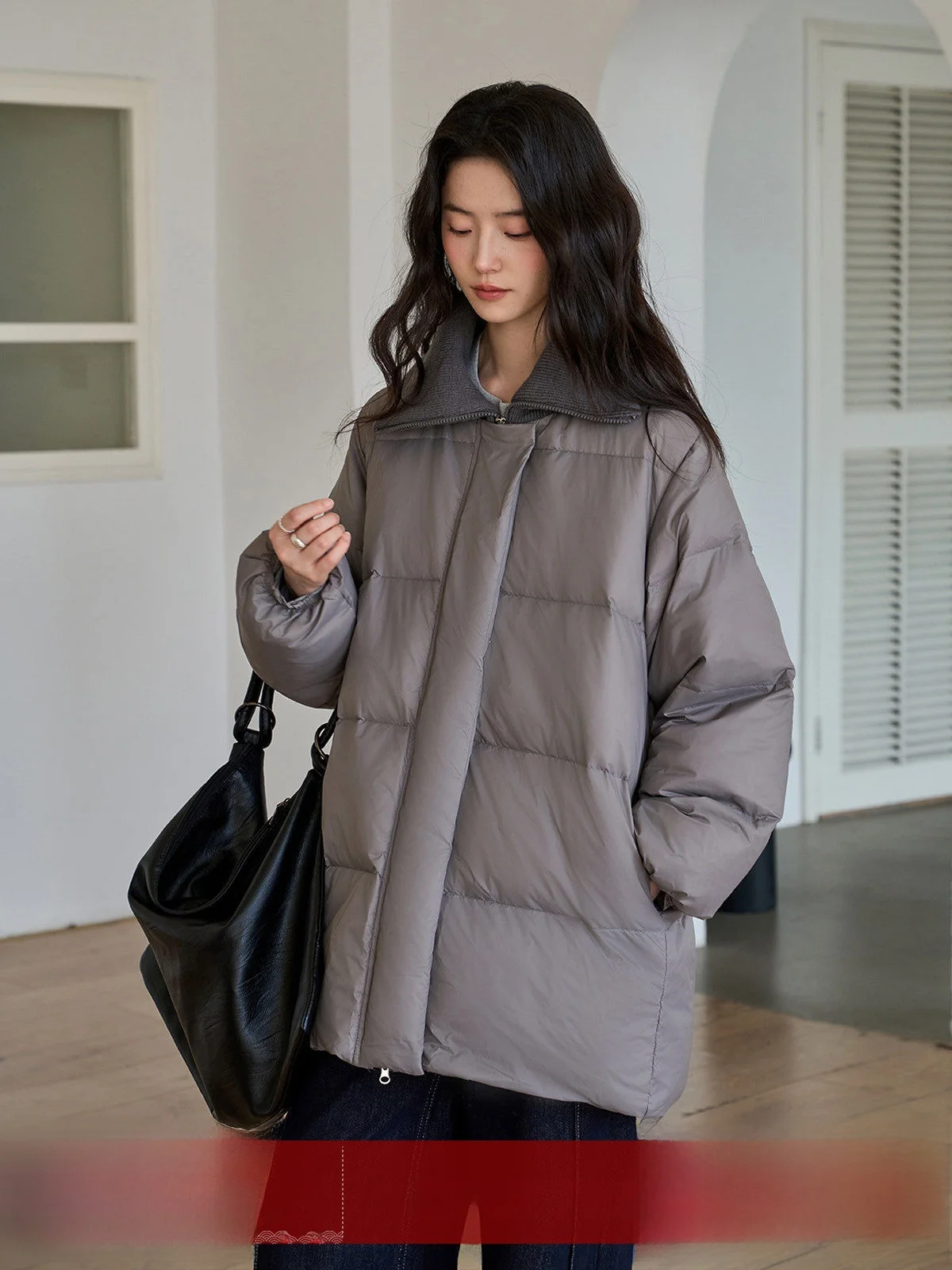 

Женская зимняя свободная удлиненная куртка-пуховик MoZa с воротником-стойкой, утепленная, вязаная, повседневного стиля