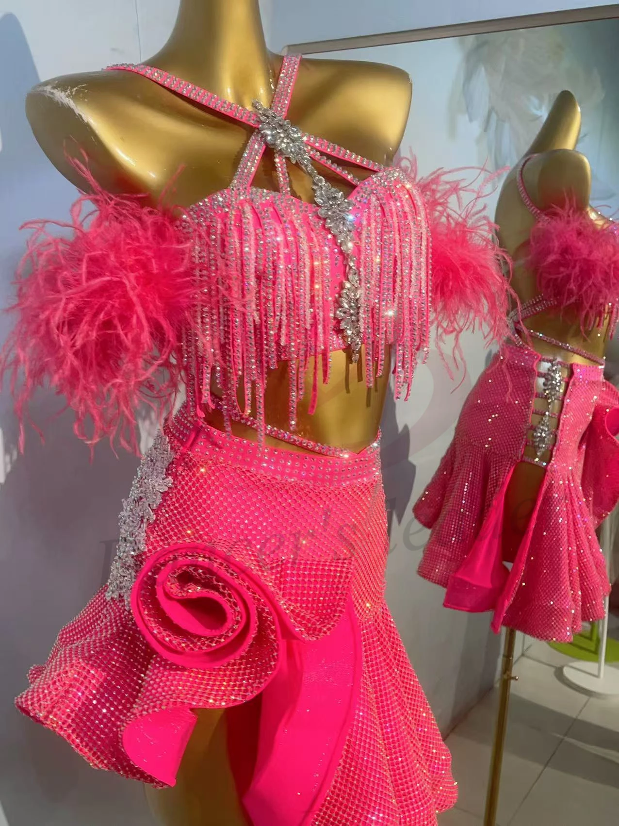 Latin Dance Women's High-end Customized Diamond Steamed Rolls Skirt Cha Cha Samba Performance Rhinestone Dress